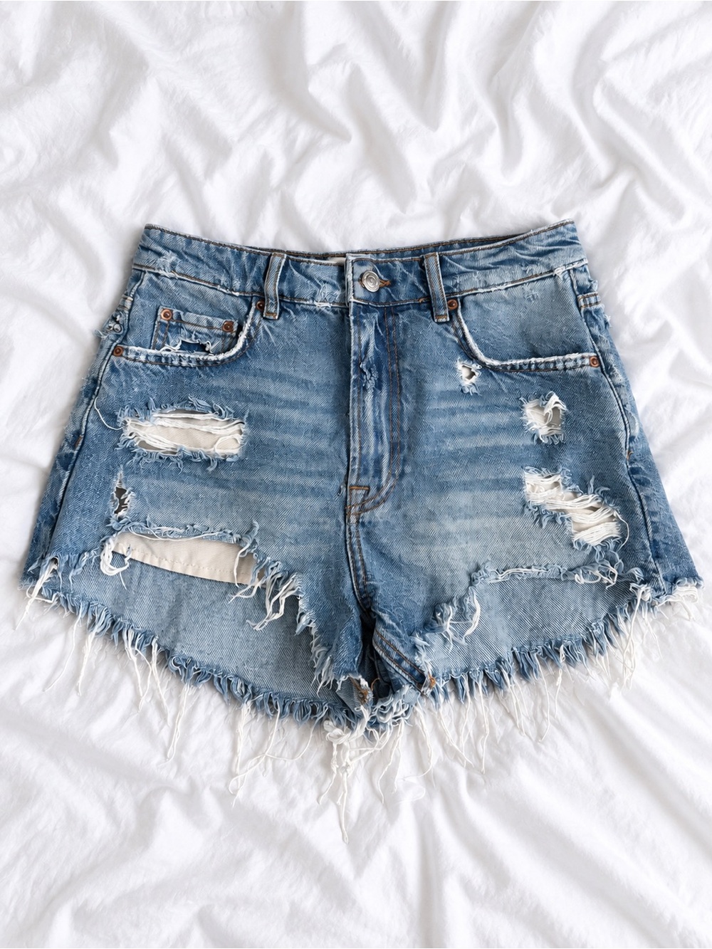 Zara Light Blue Distressed High-Rise Denim Shorts